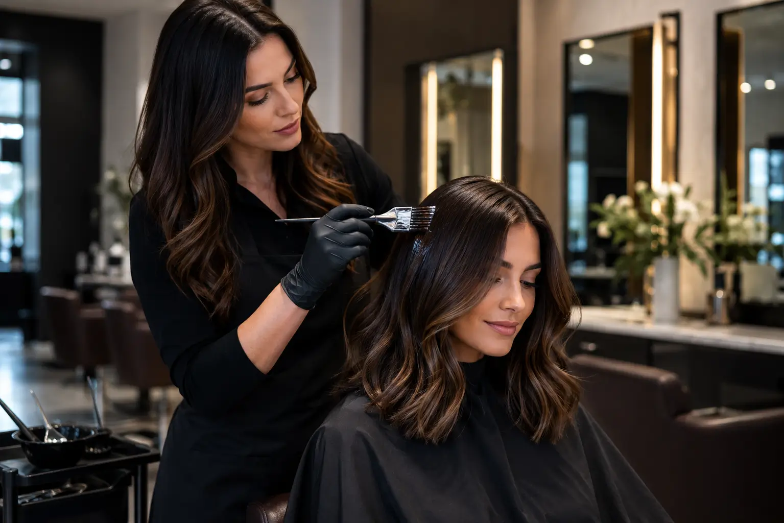 Hair gloss Toronto service at Gatsby Studio with stylist applying professional colour treatment